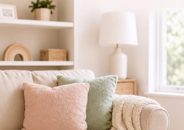A cozy living room with soft pink and sage pillows on a cream couch